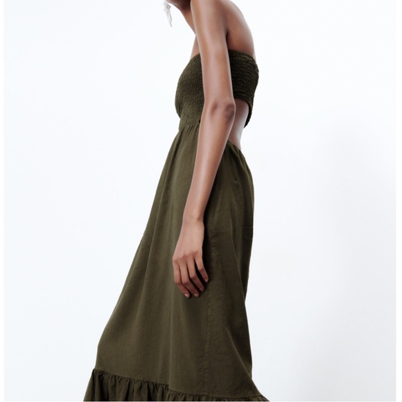 *WORN ONCE* Zara linen blend smocked dress in dark olive green - Picture 7 of 7